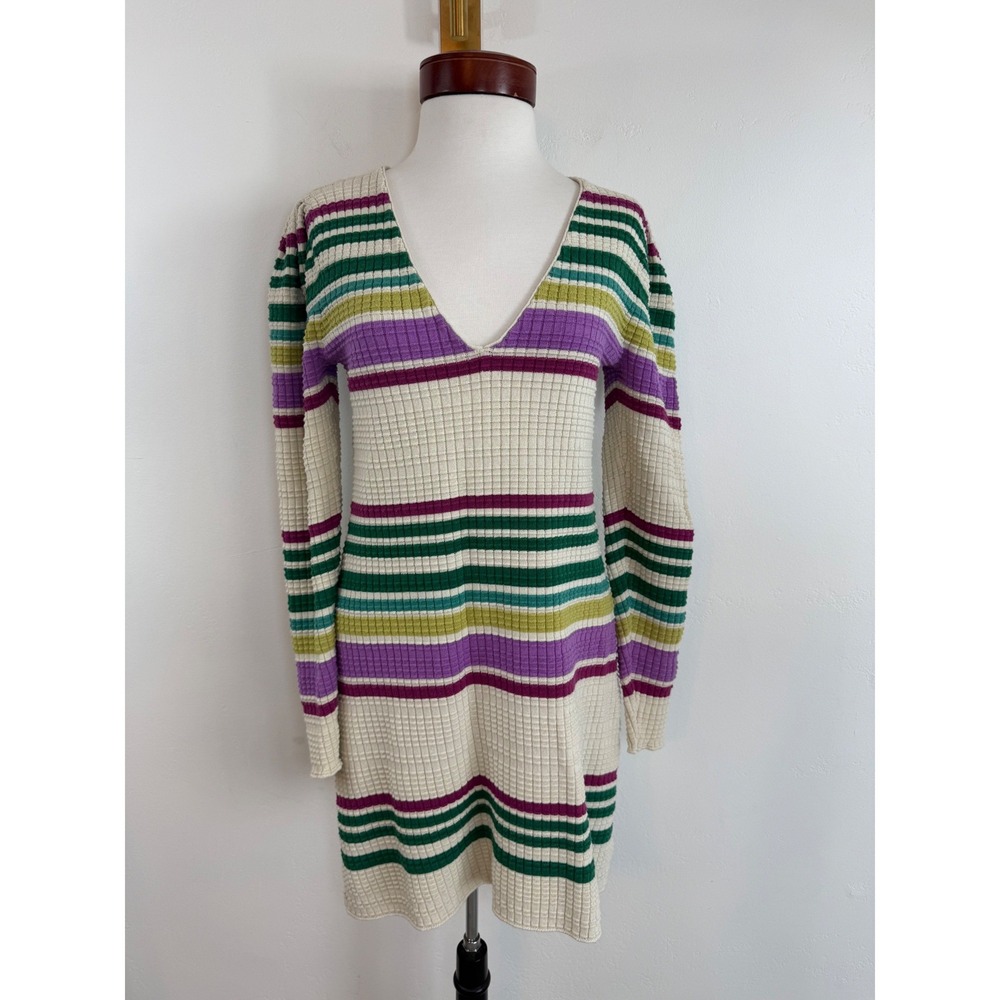 Free People Striped Waffle Knit Mini‎ Dress V-Neck Boho Retro 70s S
